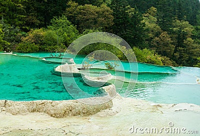 Calcification ponds at Huanglong, Sichuan, China Stock Photo