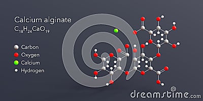 calcium alginate molecule 3d rendering, flat molecular structure with chemical formula and atoms color coding Stock Photo