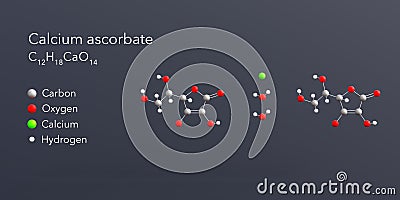 calcium ascorbate molecule 3d rendering, flat molecular structure with chemical formula and atoms color coding Stock Photo
