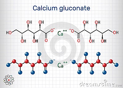 Calcium gluconate C12H22CaO14 molecule, is used as mineral supplement for the treatment osteoporosis, rickets, hypocalcemia. Vector Illustration
