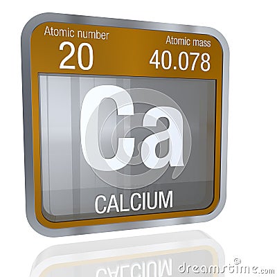 Calcium symbol in square shape with metallic border and transparent background with reflection on the floor. 3D render Stock Photo