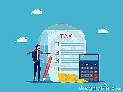 Calculate tax expenses or business costs. Businessman checking tax documents with a pencil Vector Illustration
