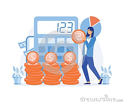 Calculation, bookkeeping investment money concept, woman with calculator counting, thinking about profit. Economic audit Vector Illustration