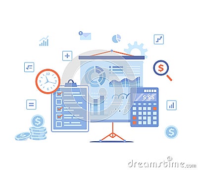 Calculation concept. Bookkeeping, audit, data analysis, reporting, tax accounting. Projector screen with charts, diagrams, graphs Vector Illustration