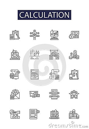 Calculation line vector icons and signs. Calculate, Cogitate, Reckon, Estimate, Figure, Count, Add, Subtract outline Vector Illustration