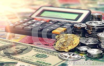 Calculator, Bitcoin and other cryptocurrencies. Fees and taxes on cryptocurrency investments. 3D rendering Stock Photo