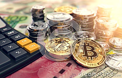Calculator, Bitcoin and other cryptocurrencies. High profits on cryptocurrency investments. 3D rendering Stock Photo