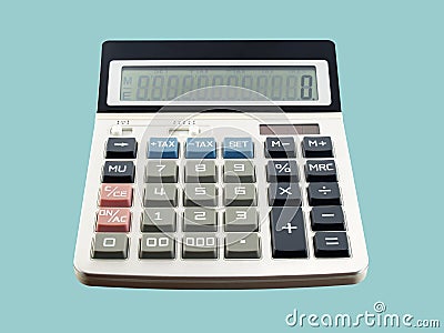 white digital calculator with colorful button and zero number on screen isolated on blue background Stock Photo
