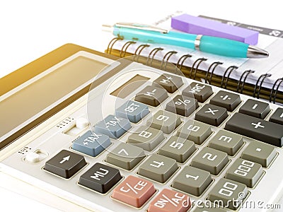 colorful buttons on white calculator with blue ballpoint pen and purple paper sticky notes on personal organizer Stock Photo