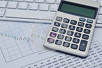 Calculator button plus on keyboard and graph paper, accounting b Stock Photo