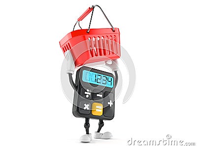 Calculator character holding shopping basket Stock Photo