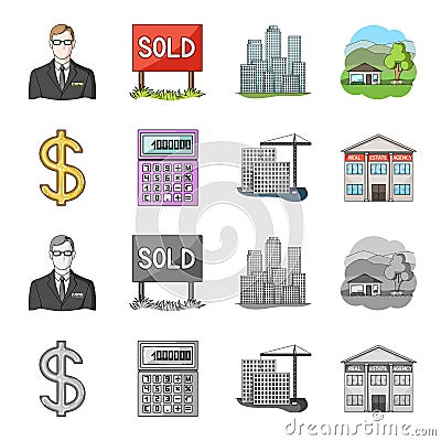 Calculator, dollar sign, new building, real estate offices. Realtor set collection icons in cartoon,monochrome style Vector Illustration