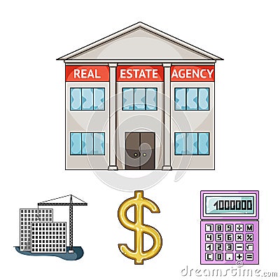 Calculator, dollar sign, new building, real estate offices. Realtor set collection icons in cartoon style vector symbol Vector Illustration