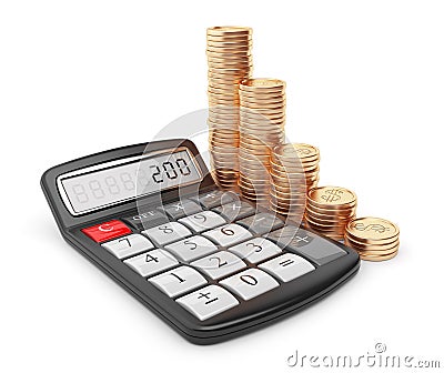 Calculator and gold coin. Icon 3D Stock Photo