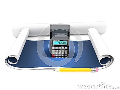 Calculator inside blueprint Cartoon Illustration