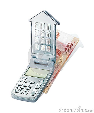 Calculator with a lid in the shape of a house with windows and a roof. The mortgage payment calculator lies on a pile of banknotes Cartoon Illustration