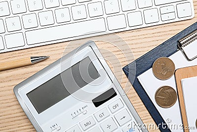 Calculator, money, keyboard and stationery on table, flat lay. Tax accounting Stock Photo