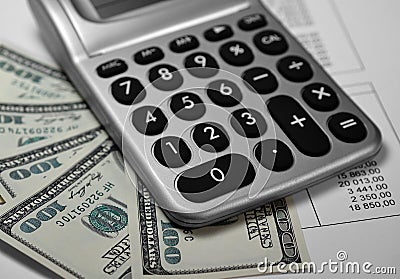 Calculator, money and paper with numbers Stock Photo