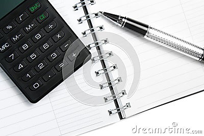 Calculator notebook and business pen Stock Photo