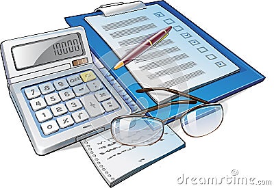 Calculator, Pen and Papers Stock Photo