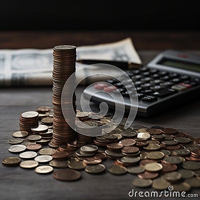 Calculator and pen with stacks of coins and banknotes nearby Stock Photo