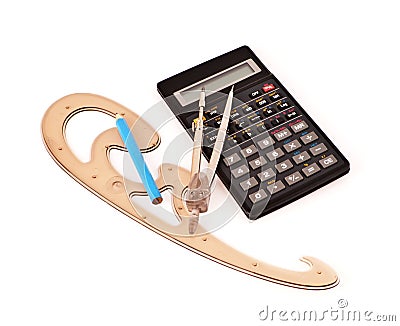 Calculator,pencil, line and compasses Stock Photo