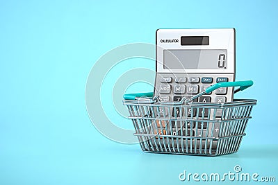 Calculator in shopping basket. Home budget, savings, inflation and consumerism concept Cartoon Illustration