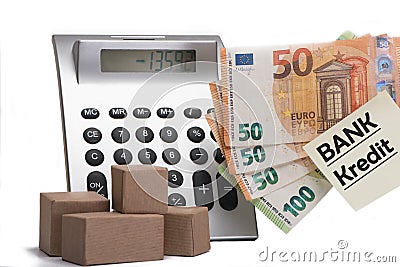 Calculator showing debts parcels cash note Kredit Stock Photo