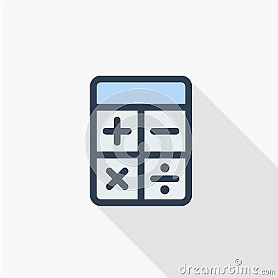 Calculator thin line flat color icon. Linear vector symbol. Colorful long shadow design. Vector Illustration