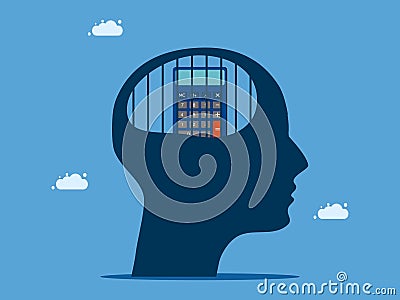 Calculator trapped in the human head. Thought trap concept Vector Illustration