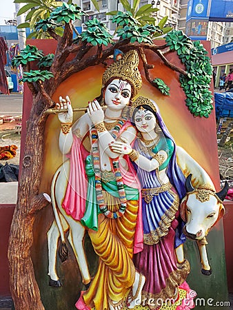 A clay made Radhakrishna statue displayed on handicraft fair at calcutta. Stock Photo