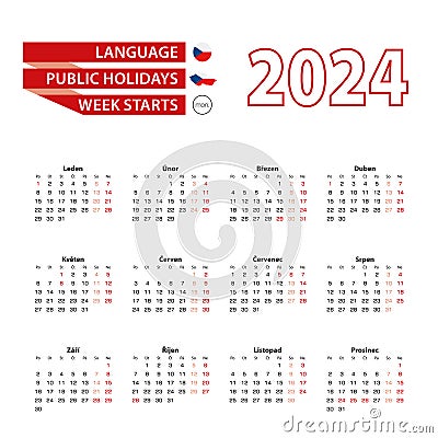 Calendar 2024 in Czech language with public holidays the country of Czech Republic in year 2024 Vector Illustration