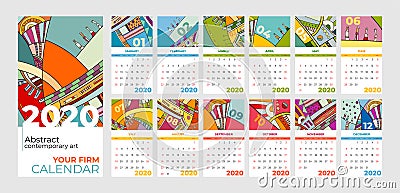 2020 calendar abstract contemporary art vector set. Desk, screen, desktop months 2020, colorful 2020 calendar template Vector Illustration