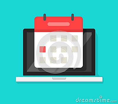 Calendar or agenda on laptop computer screen vector icon, flat cartoon online organizer app on pc display with event Vector Illustration