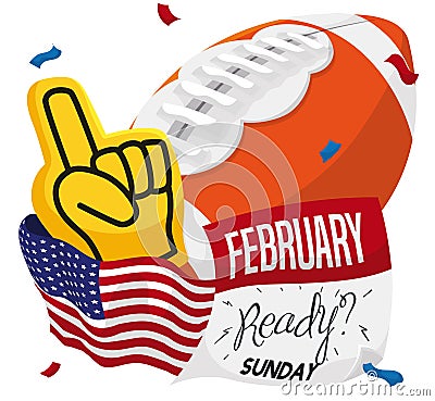 Calendar, American Flag, Football Ball and Glove for Big Game, Vector Illustration Vector Illustration