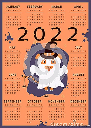 Calendar for 2022 with animal tiger. The character is a Halloween ghost with a witch hat and spiders. Tiger symbol of Vector Illustration