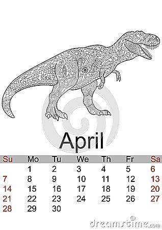 Calendar April month 2019. Antistress coloring of prehistoric animal, dragon, dinosaur. raster Cartoon Illustration