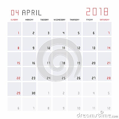 Calendar April 2018 Vector Illustration