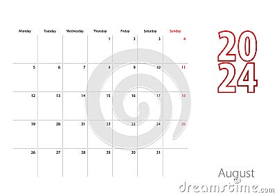 Calendar for August 2024 in modern design, planner template Vector Illustration