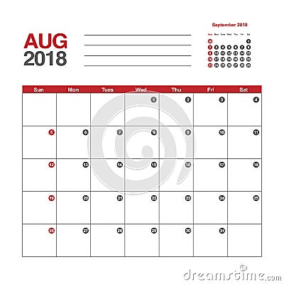 Calendar for August 2018 Vector Illustration