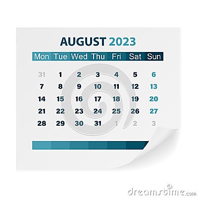 Calendar August 2023 Vector Illustration