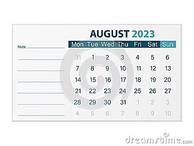Calendar August 2023 Vector Illustration