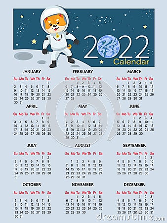 Calendar 2022. Baby Doge astronaut. Coin crypto currency. Shiba inu. Dog coin sample. Meme tokens. Vector Illustration
