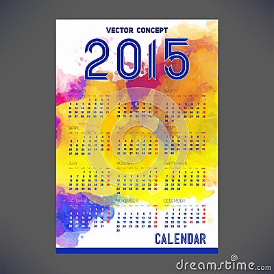 Calendar for 2015 with a background of watercolors Vector Illustration