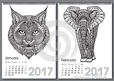 Calendar 2017. Beautiful ornate hand drawn animals Vector Illustration