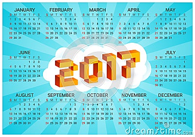 2017 calendar on a blue background in style of old 8-bit video games. Week starts from Sunday. Ð¡olorful 3D Pixel Letters Vector Illustration