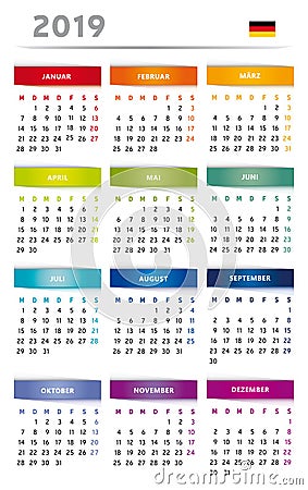 2019 Calendar with Boxes in Rainbow Colors 4 Trimesters - 3 Columns - German Language with Flag Vector Illustration