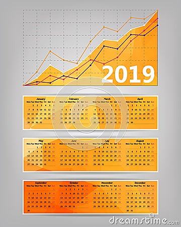 2019 calendar with business statistics chart showing different growing graphs Vector Illustration