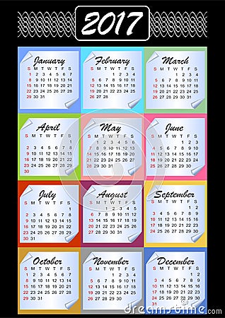 Calendar 2017, calendarium on memory blocks, multicolored background Vector Illustration
