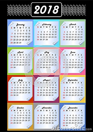 Calendar 2018, calendarium on memory blocks, multicolored background, vintage patterns in white outline, paper with rolled corner Vector Illustration